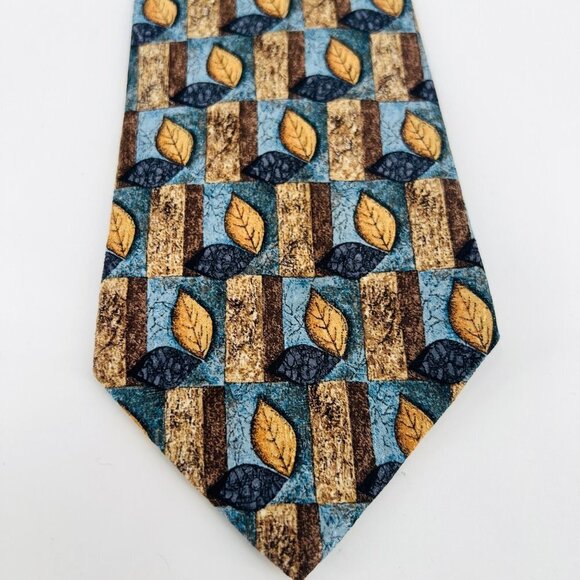 Ermenegildo Zegna Disegno Esclusivo 100% Silk Necktie‎ Fall Leaves Blue Tan - Picture 2 of 7